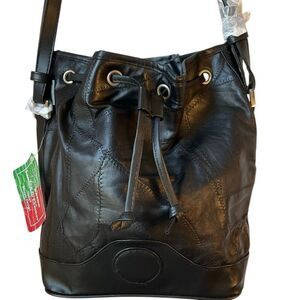 Maxam Lambskin Patchwork Mosaic Drawstring Bag, Black NWT Vintage